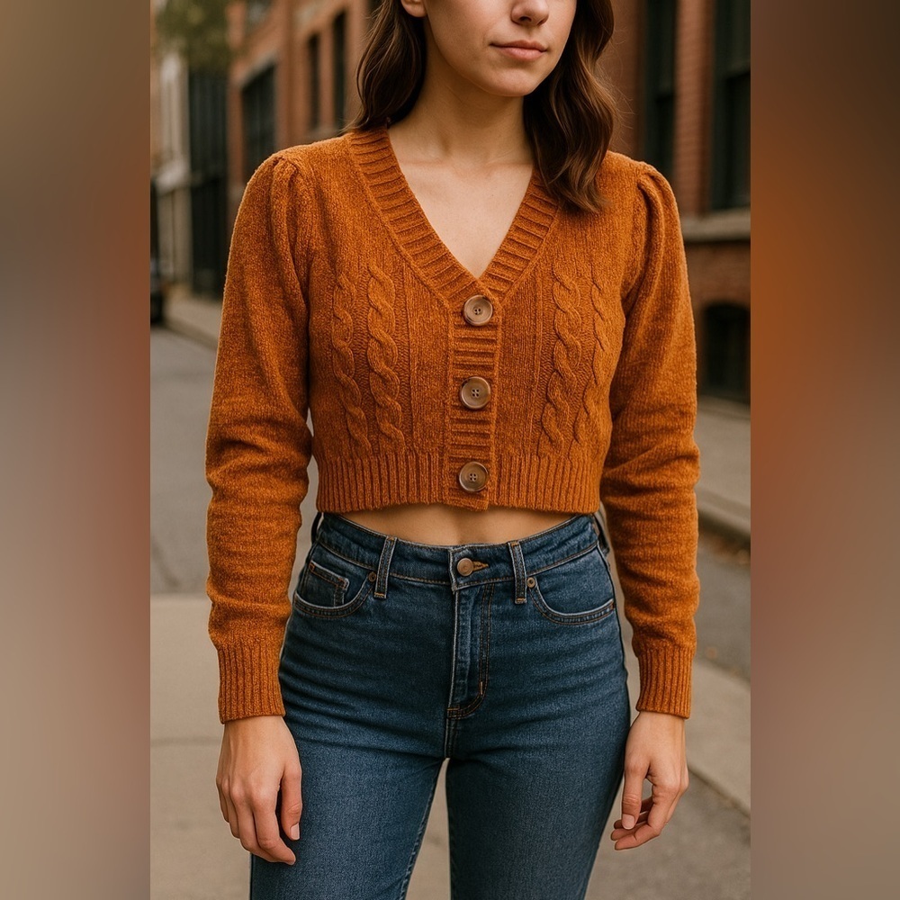 Poof Apparel Cropped Cardigan Sweater Women's M Rust Orange Chenille Cable Knit